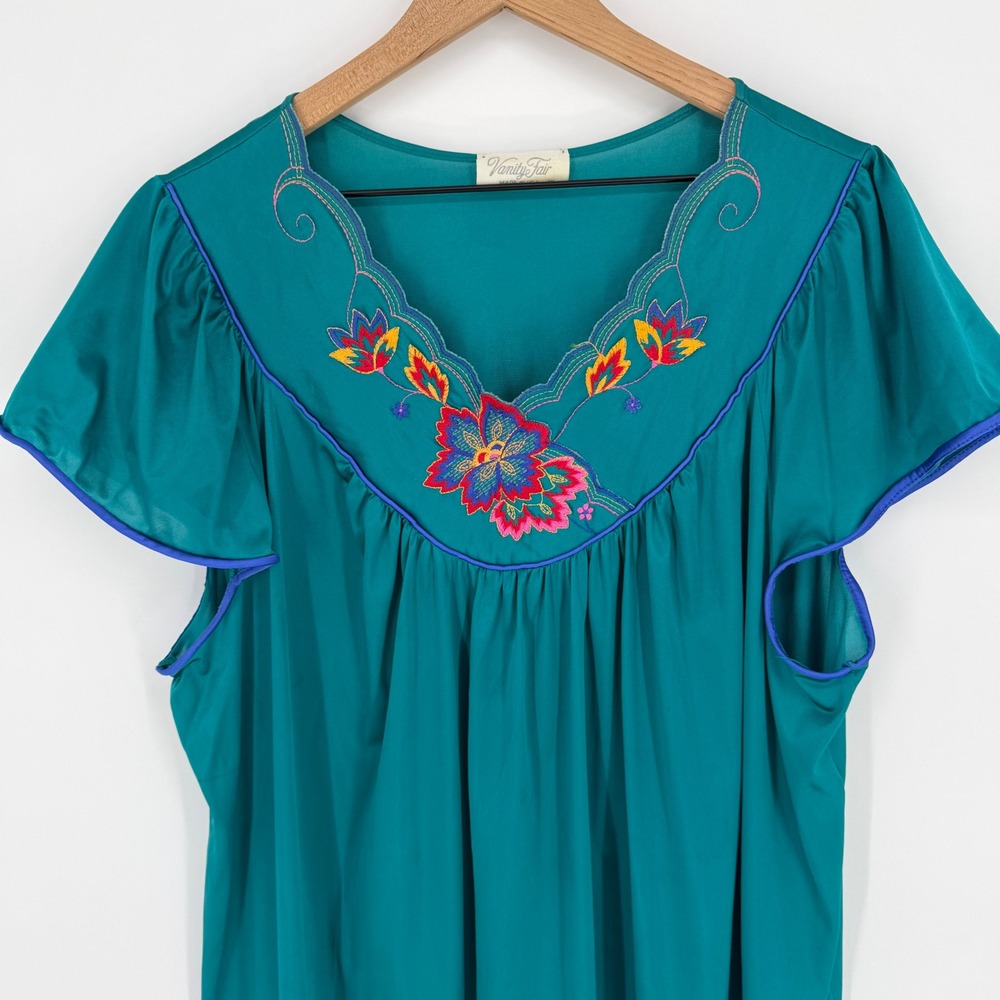 Vtg Vanity Fair XL Teal Floral Peignoir Set Made USA Antron Nylon Robe Gown EUC - Picture 3 of 13